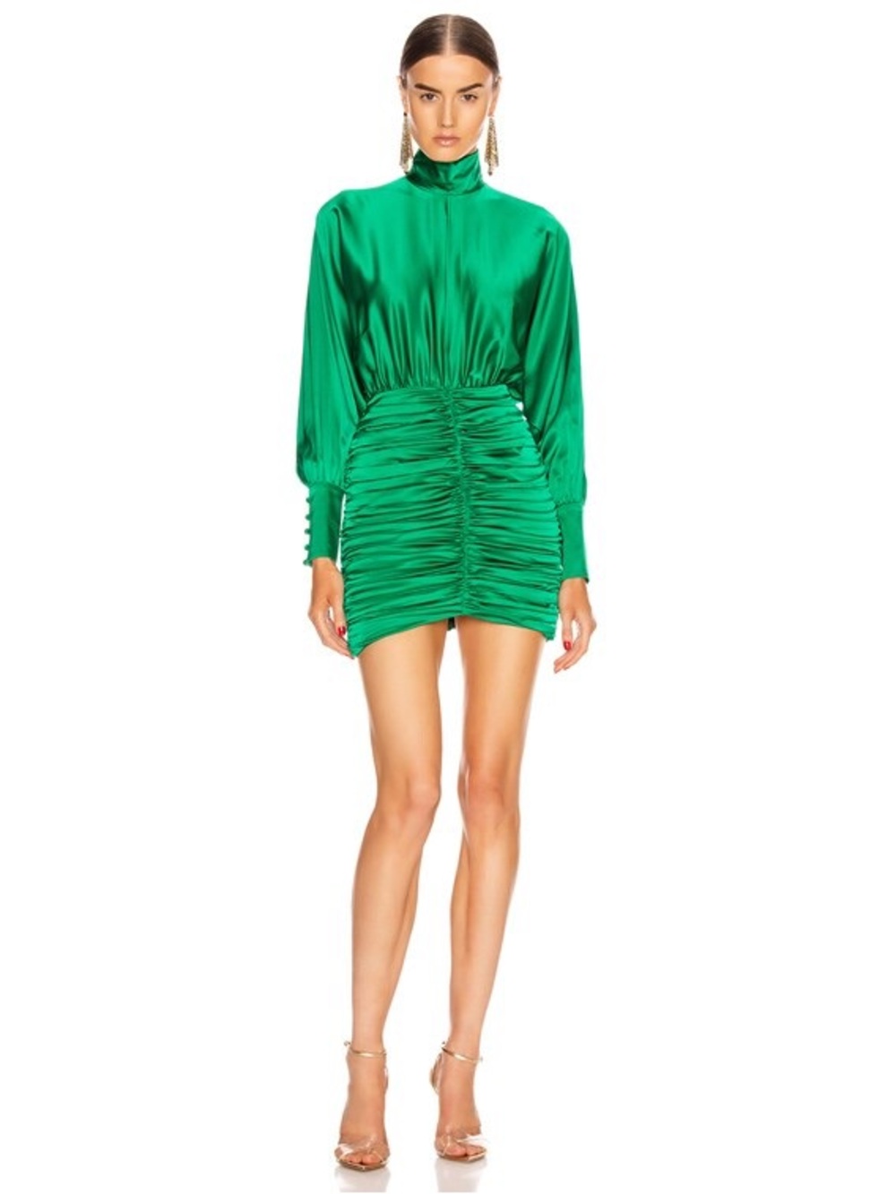 Retrofete Green Satin High-Neck Ruched Mini Dress